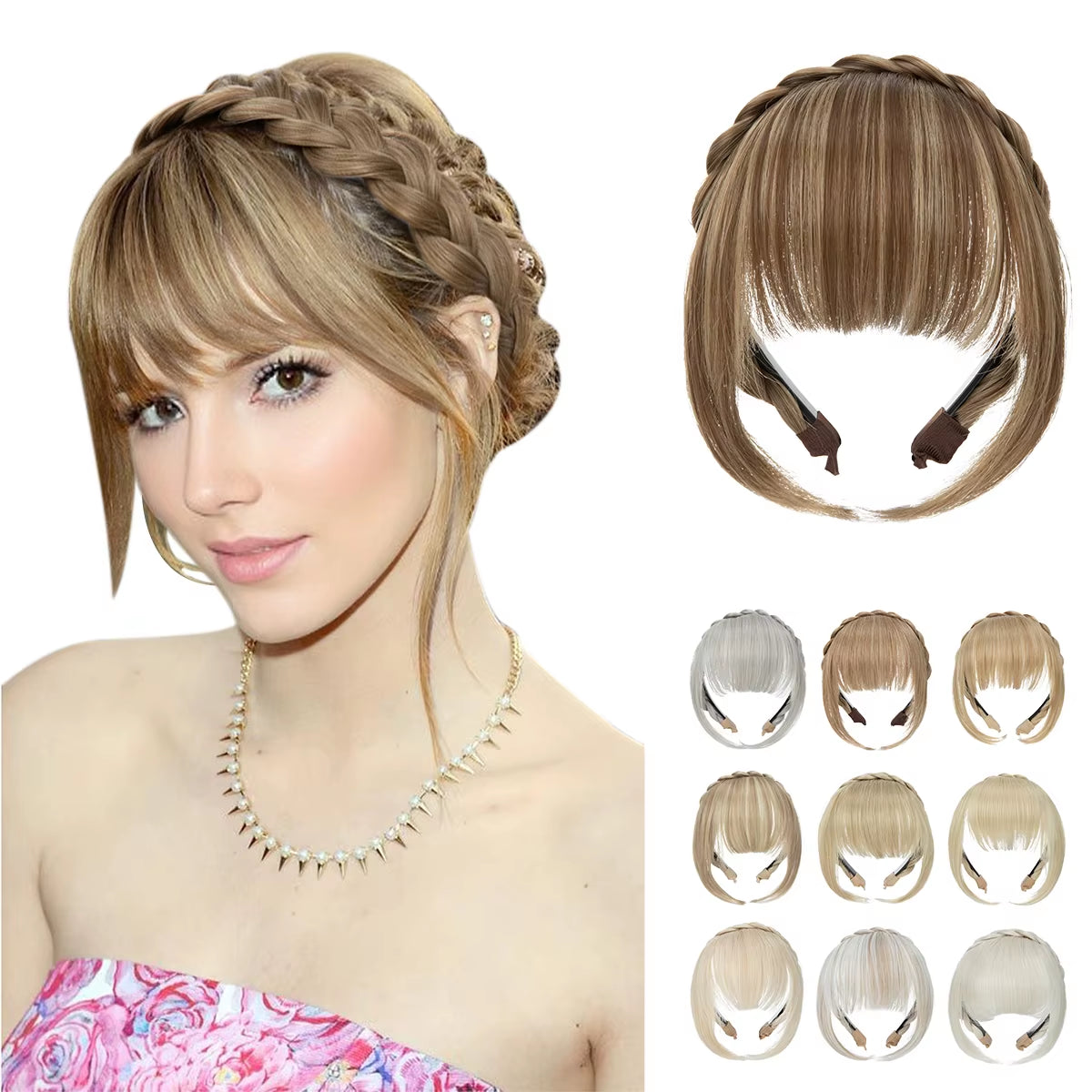 Synthetic Headband Bangs Extension Fake Hair Blunt Fringe with Long Sides for Women Natural Flase Black Brown Blonde Bang B12