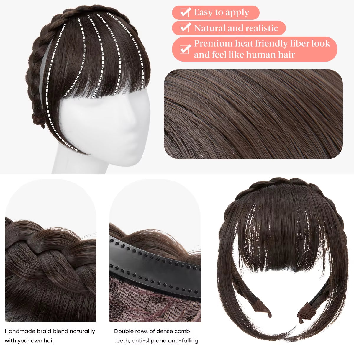 Synthetic Headband Bangs Extension Fake Hair Blunt Fringe with Long Sides for Women Natural Flase Black Brown Blonde Bang B12
