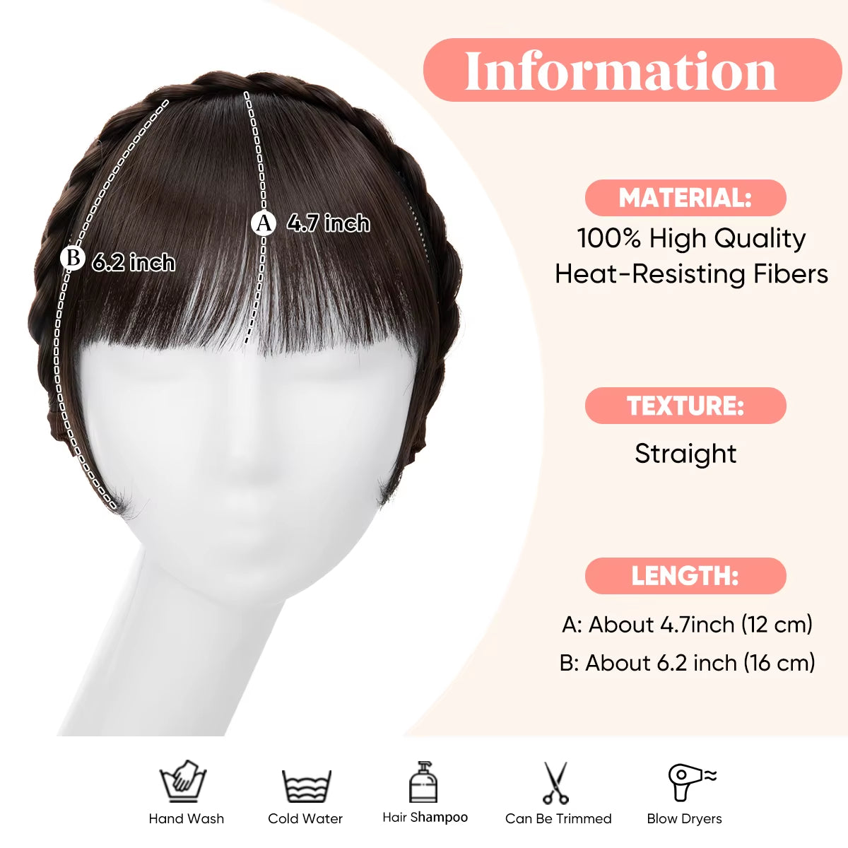 Synthetic Headband Bangs Extension Fake Hair Blunt Fringe with Long Sides for Women Natural Flase Black Brown Blonde Bang B12