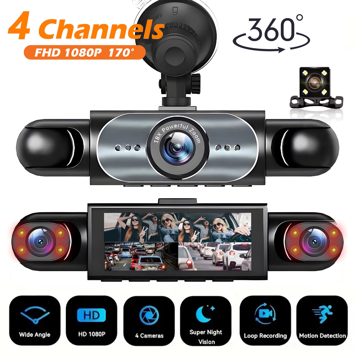 Dash Cam 4 Canales 360° Con Visión Nocturna Y Monitoreo 24/7