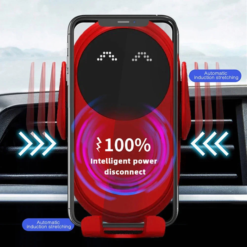 Cargador Qi sujetando un celular en la rejilla de ventilación del auto
