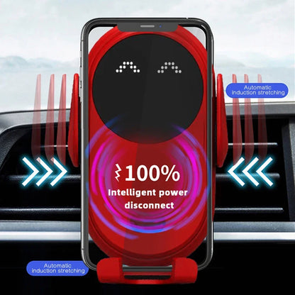 Cargador Qi sujetando un celular en la rejilla de ventilación del auto