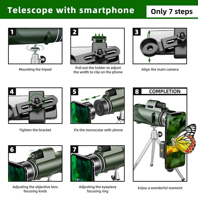 Monocular HD Portátil Con Trípode Y Adaptador Para Celular