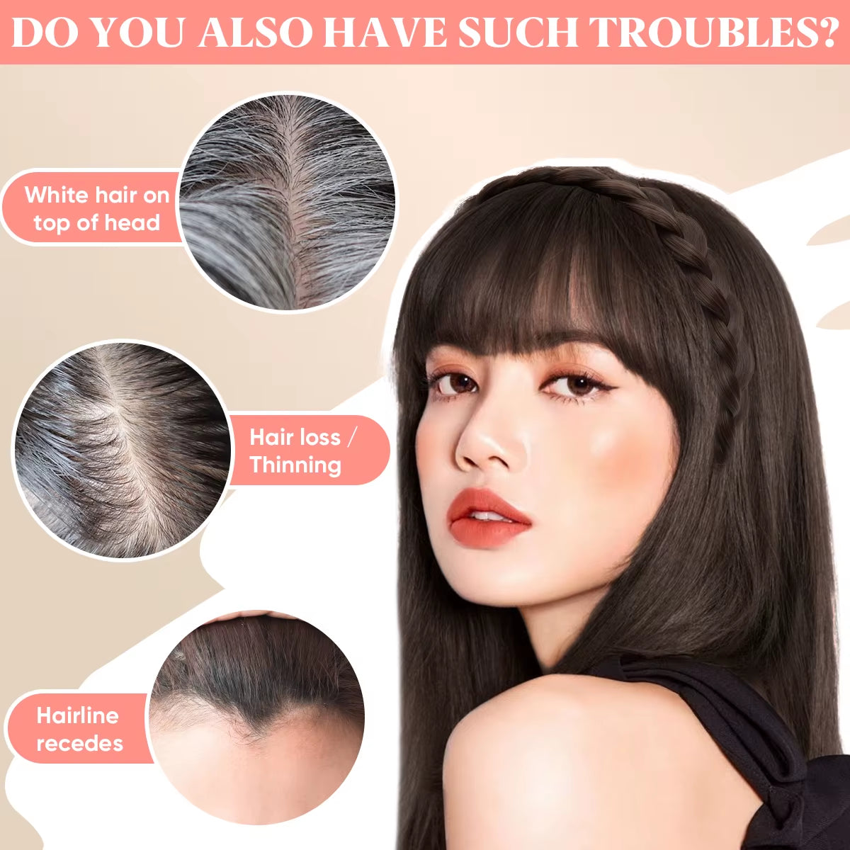 Synthetic Headband Bangs Extension Fake Hair Blunt Fringe with Long Sides for Women Natural Flase Black Brown Blonde Bang B12