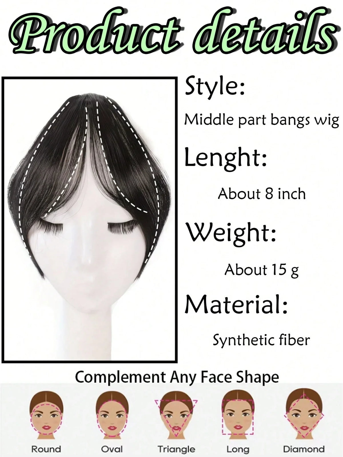 Synthesis Wig Middle-Part Bangs Hair Extensions Clip in Forehead Natural Seamless French Oblique Bangs Eight-Character Bangs