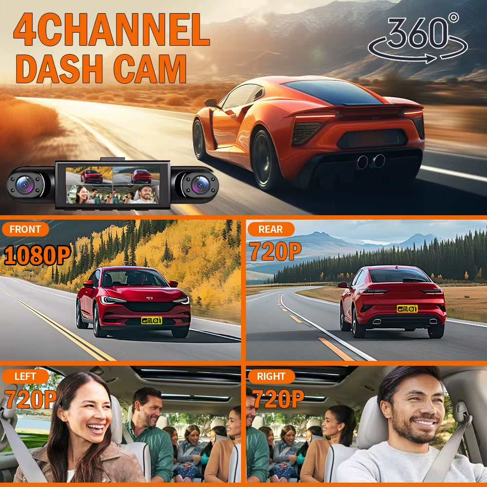 Dash Cam 4 Canales 360° Con Visión Nocturna Y Monitoreo 24/7